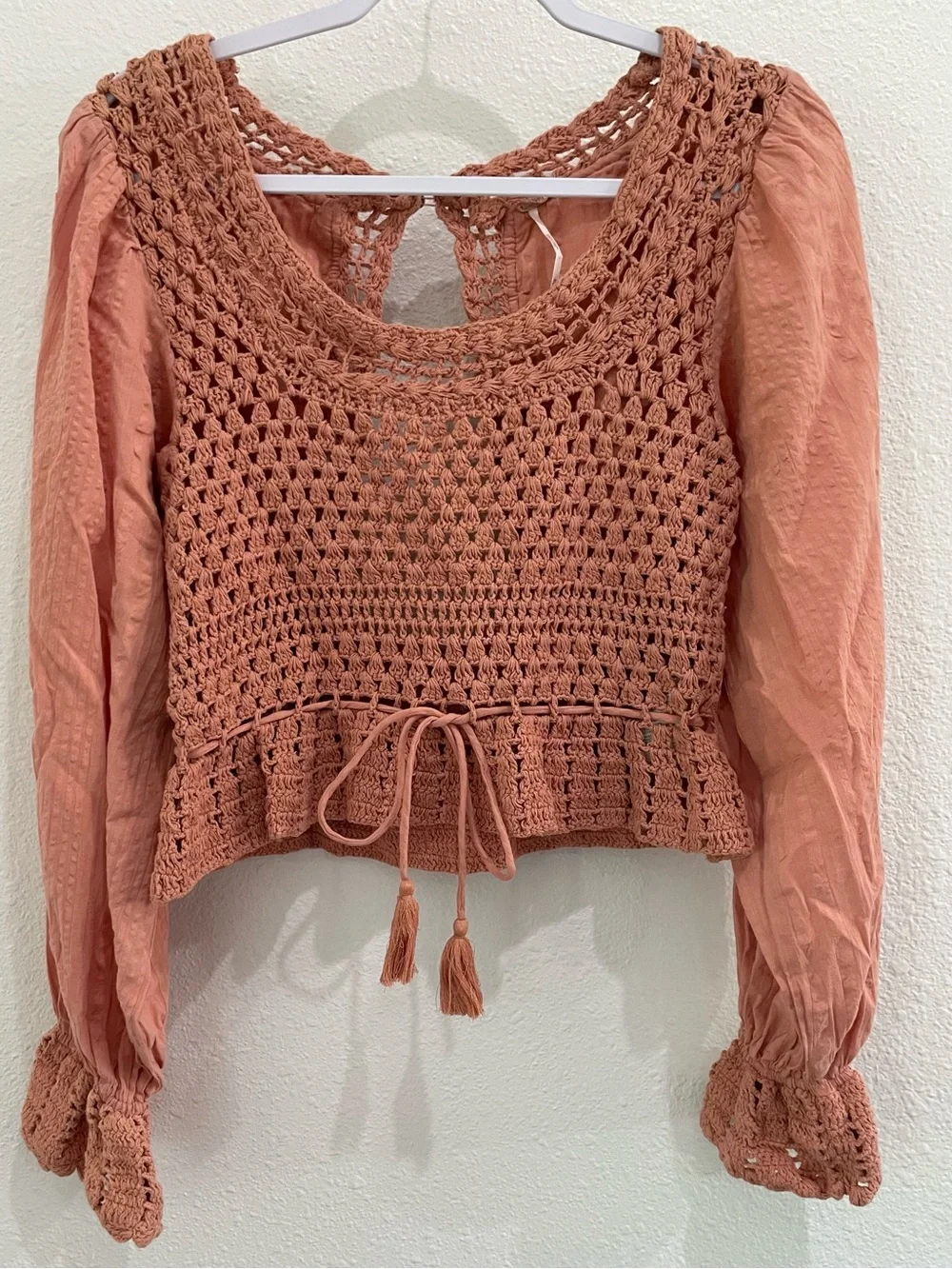 Free People Crochet Feminine Long Sleeve Top Boho Puff Sleeve Vintage